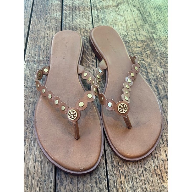 Tory Burch Brown Leather Scalloped Thong Sandals Flip Flops Gold Logo Us 6.5